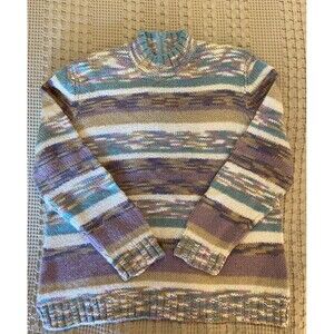 Koret Variegated Cream Purple Green 10% Wool Thick Ski Sweater Size XL w Shimmer